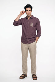 Mauve Embroidered Band Collar Cotton Casual Men's Shirt