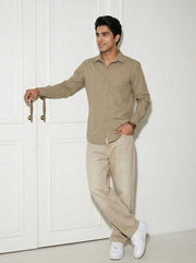 Brown Solid Band Collar Pure Cotton Men's Shirt