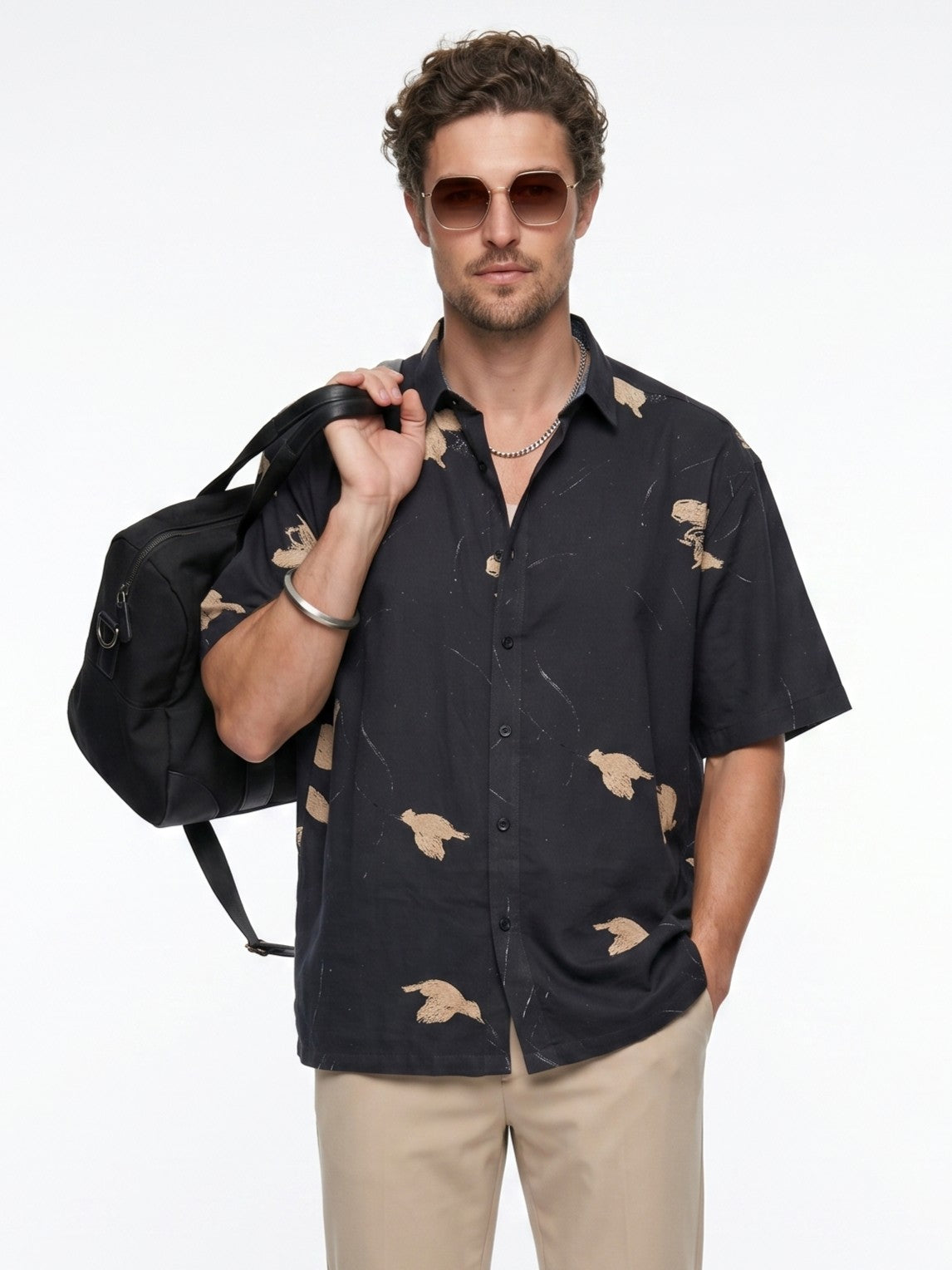Black Band Collar Floral Print Casual Cotton Men's Shirt