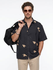 Black Band Collar Floral Print Casual Cotton Men's Shirt