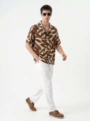 Brown Abstract Print Cuban Collar Cotton Casual Oversized Men's Shirt