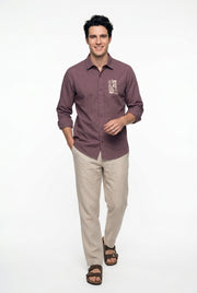 Mauve Embroidered Band Collar Cotton Casual Men's Shirt
