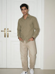 Brown Solid Band Collar Pure Cotton Men's Shirt