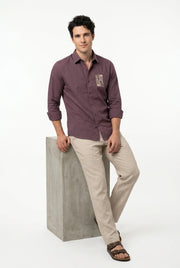 Mauve Embroidered Band Collar Cotton Casual Men's Shirt