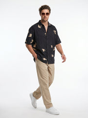 Black Band Collar Floral Print Casual Cotton Men's Shirt