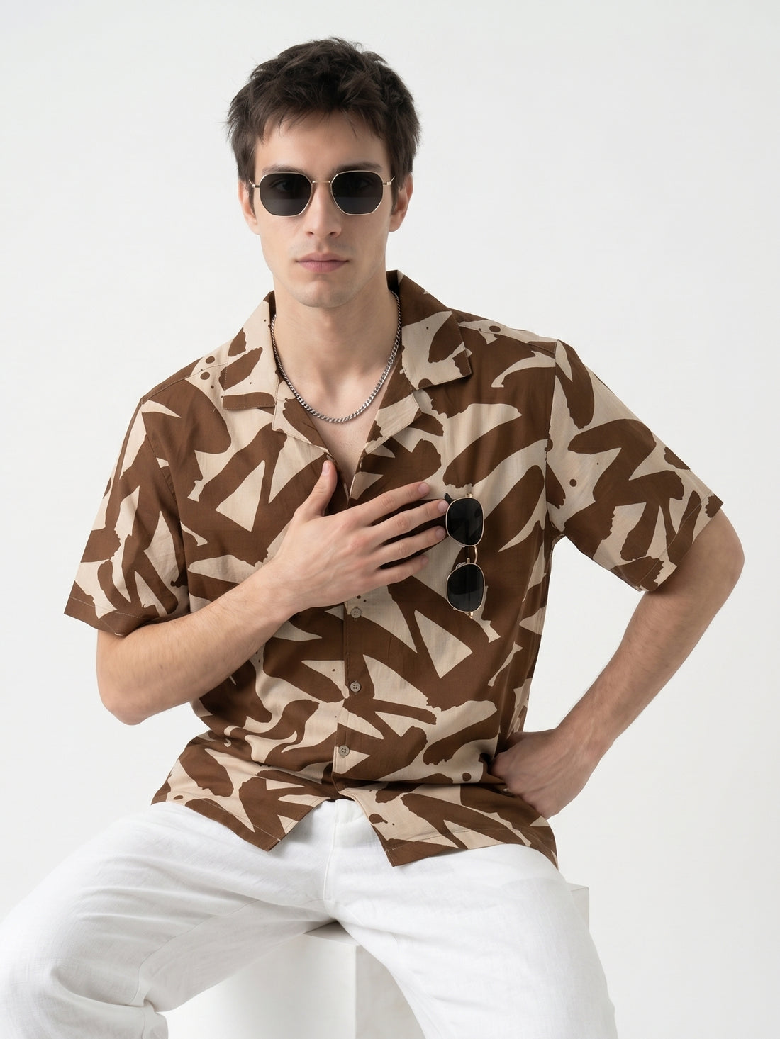 Brown Abstract Print Cuban Collar Cotton Casual Oversized Men's Shirt