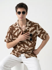 Brown Abstract Print Cuban Collar Cotton Casual Oversized Men's Shirt