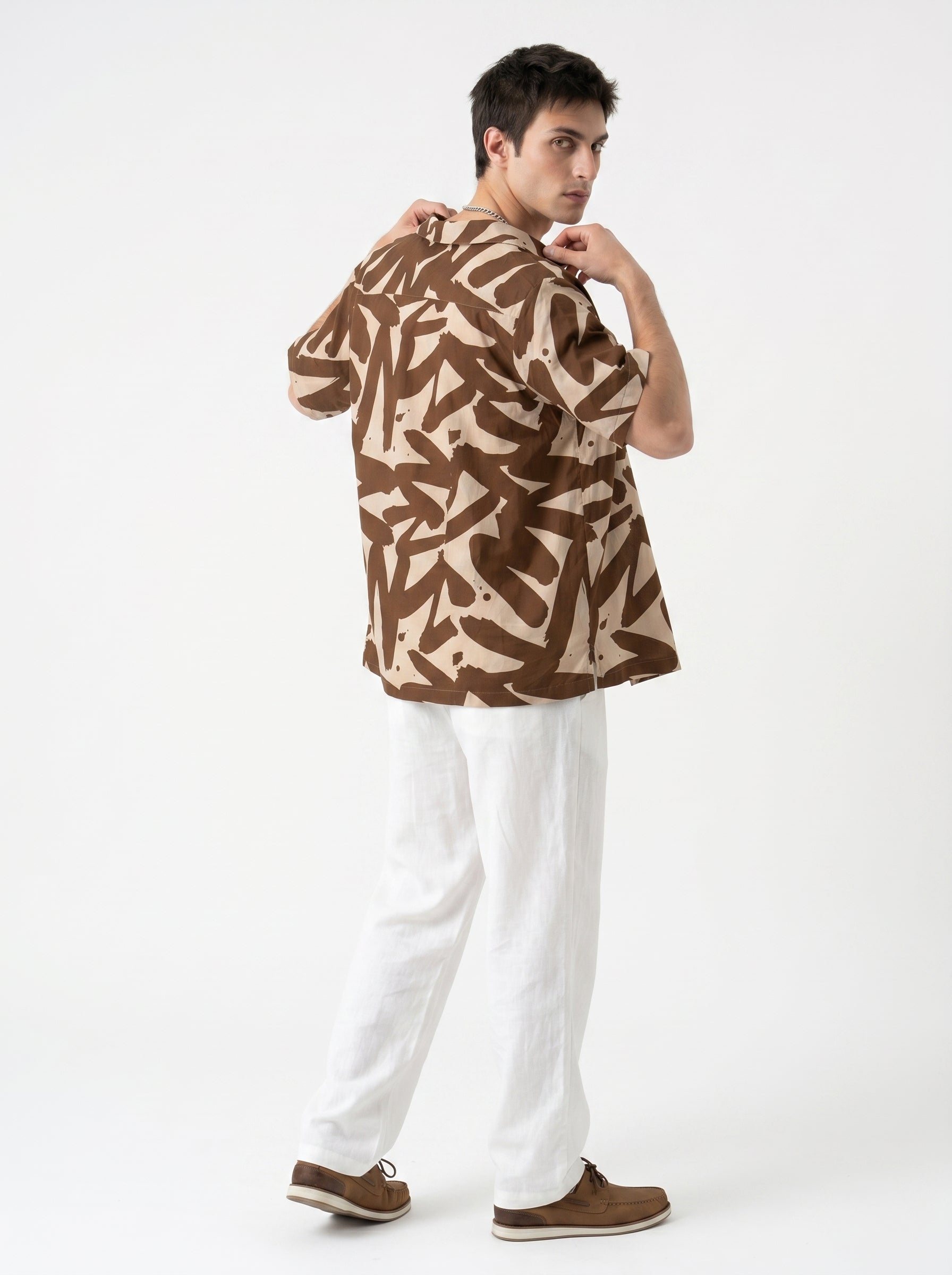 Brown Abstract Print Cuban Collar Cotton Casual Oversized Men's Shirt