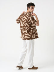 Brown Abstract Print Cuban Collar Cotton Casual Oversized Men's Shirt