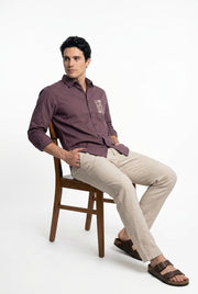 Mauve Embroidered Band Collar Cotton Casual Men's Shirt