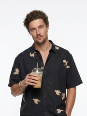 Black Band Collar Floral Print Casual Cotton Men's Shirt