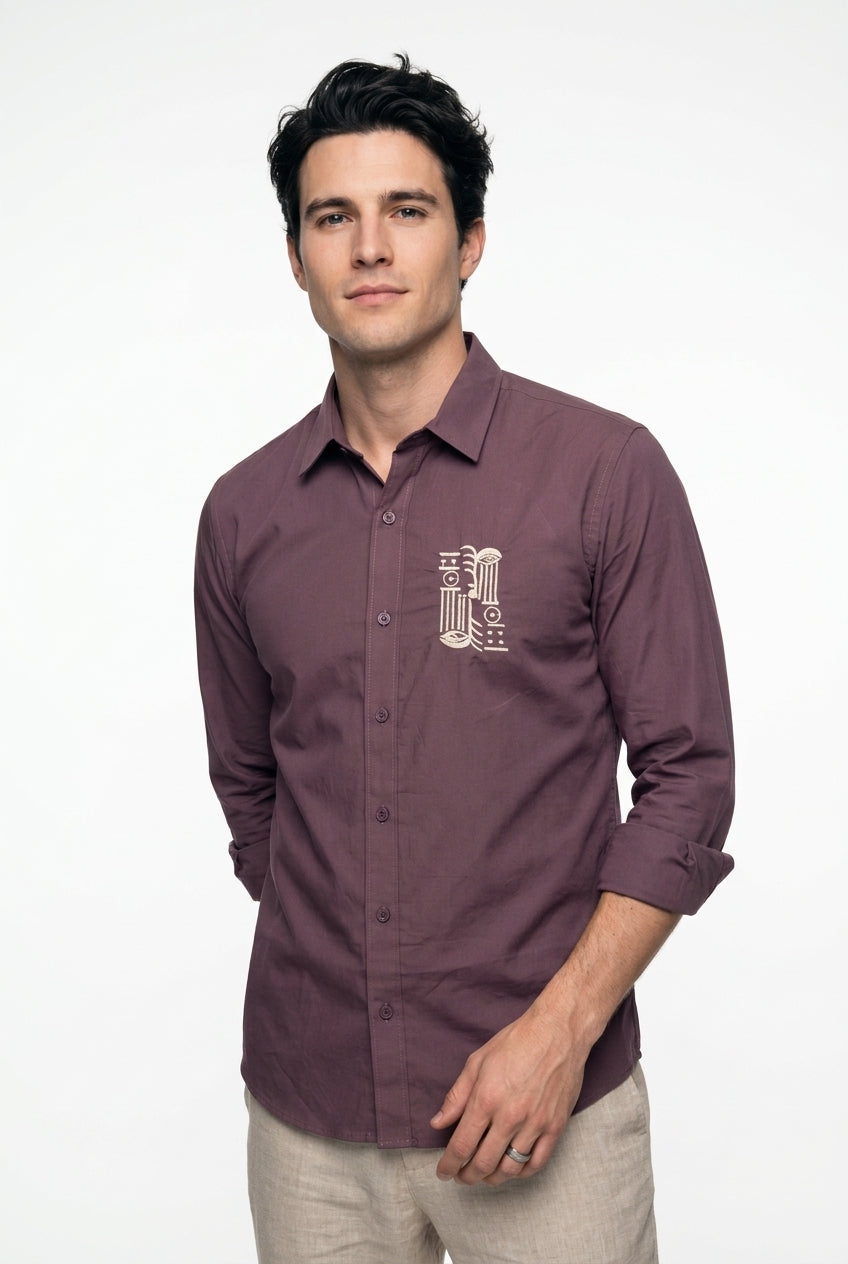Mauve Embroidered Band Collar Cotton Casual Men's Shirt