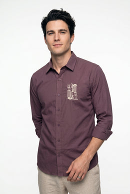 Mauve Embroidered Band Collar Cotton Casual Men's Shirt