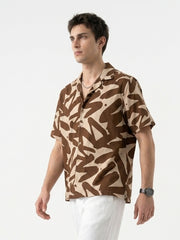 Brown Abstract Print Cuban Collar Cotton Casual Oversized Men's Shirt