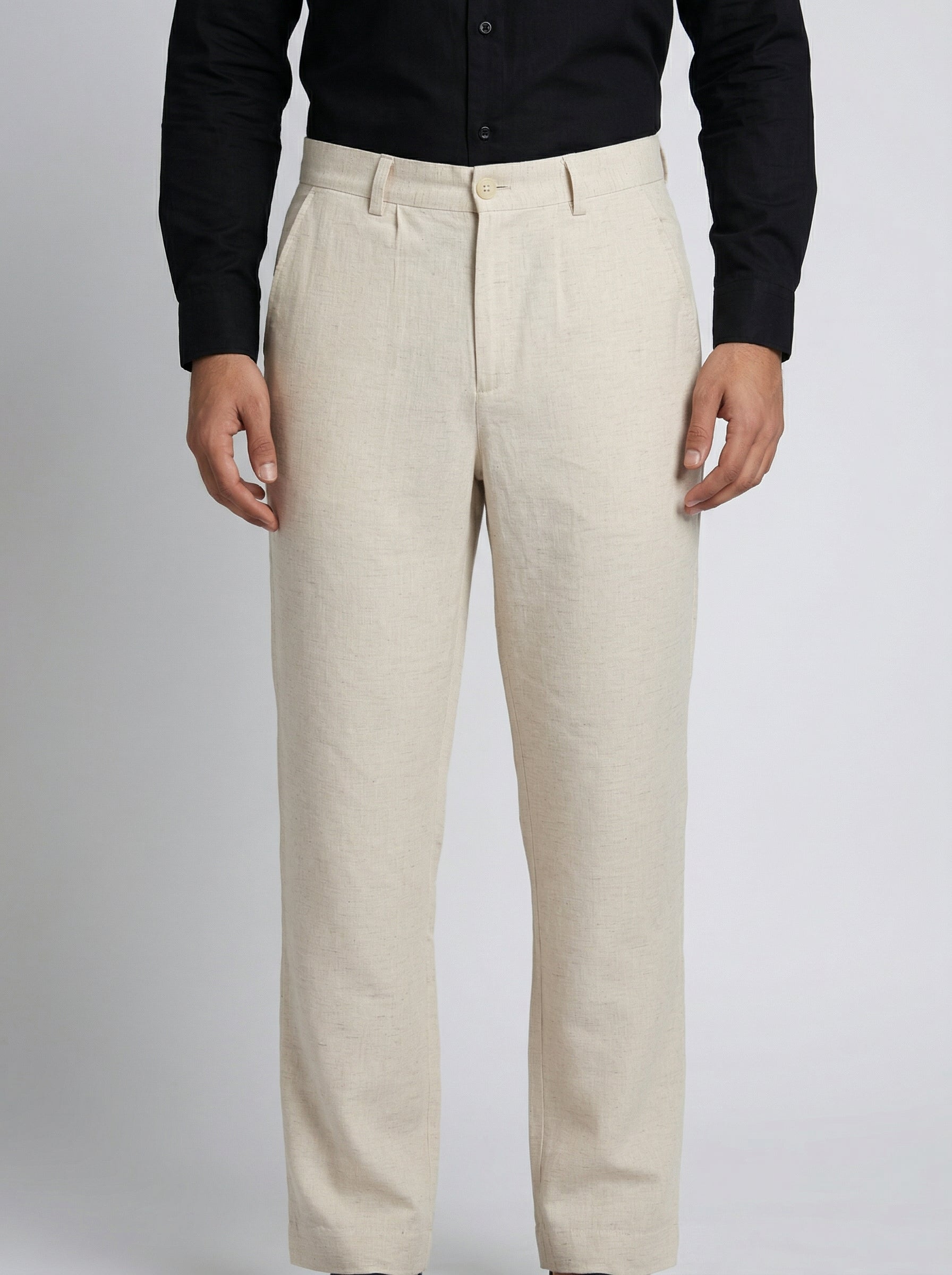 Cream Lightweight Linen-Look Relaxed Fit Trousers For Men
