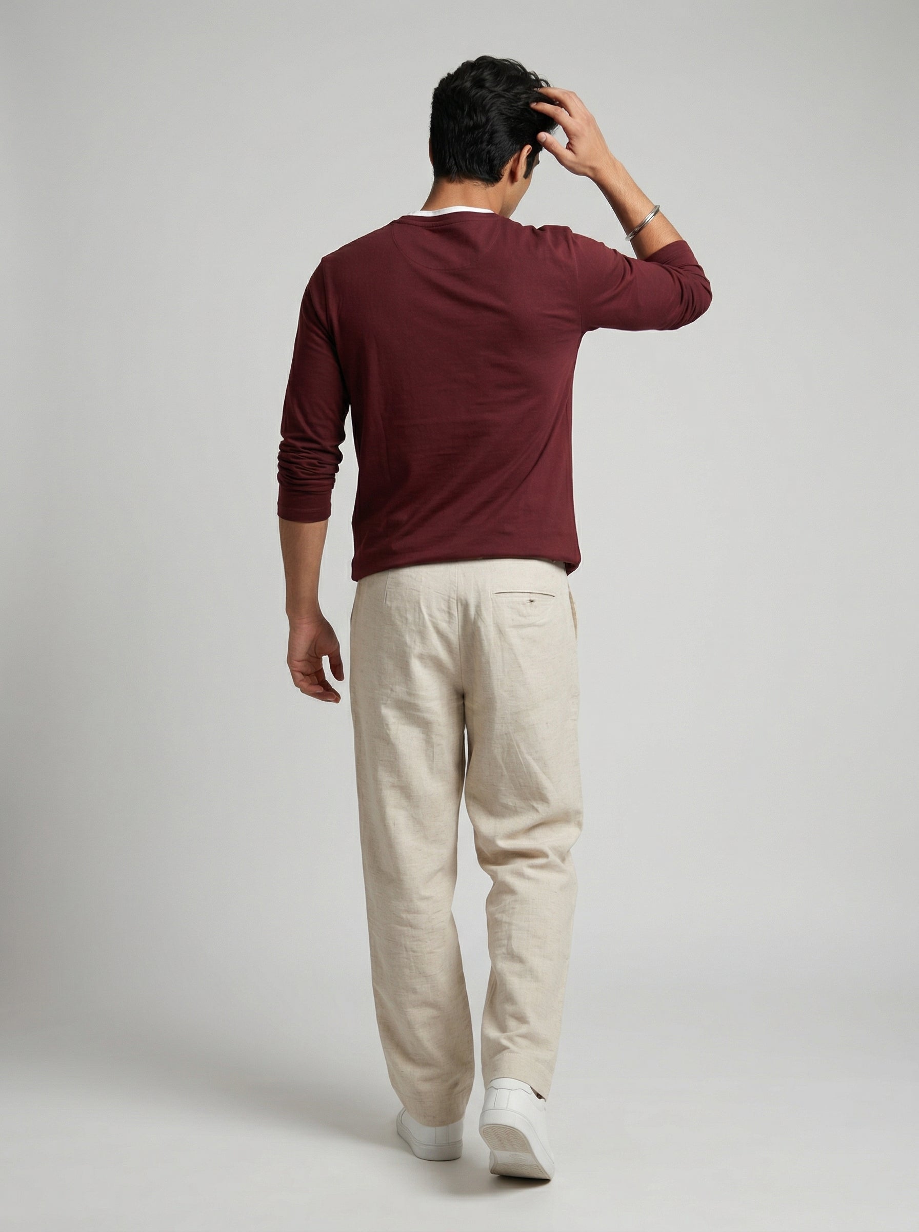 Cream Lightweight Linen-Look Relaxed Fit Trousers For Men