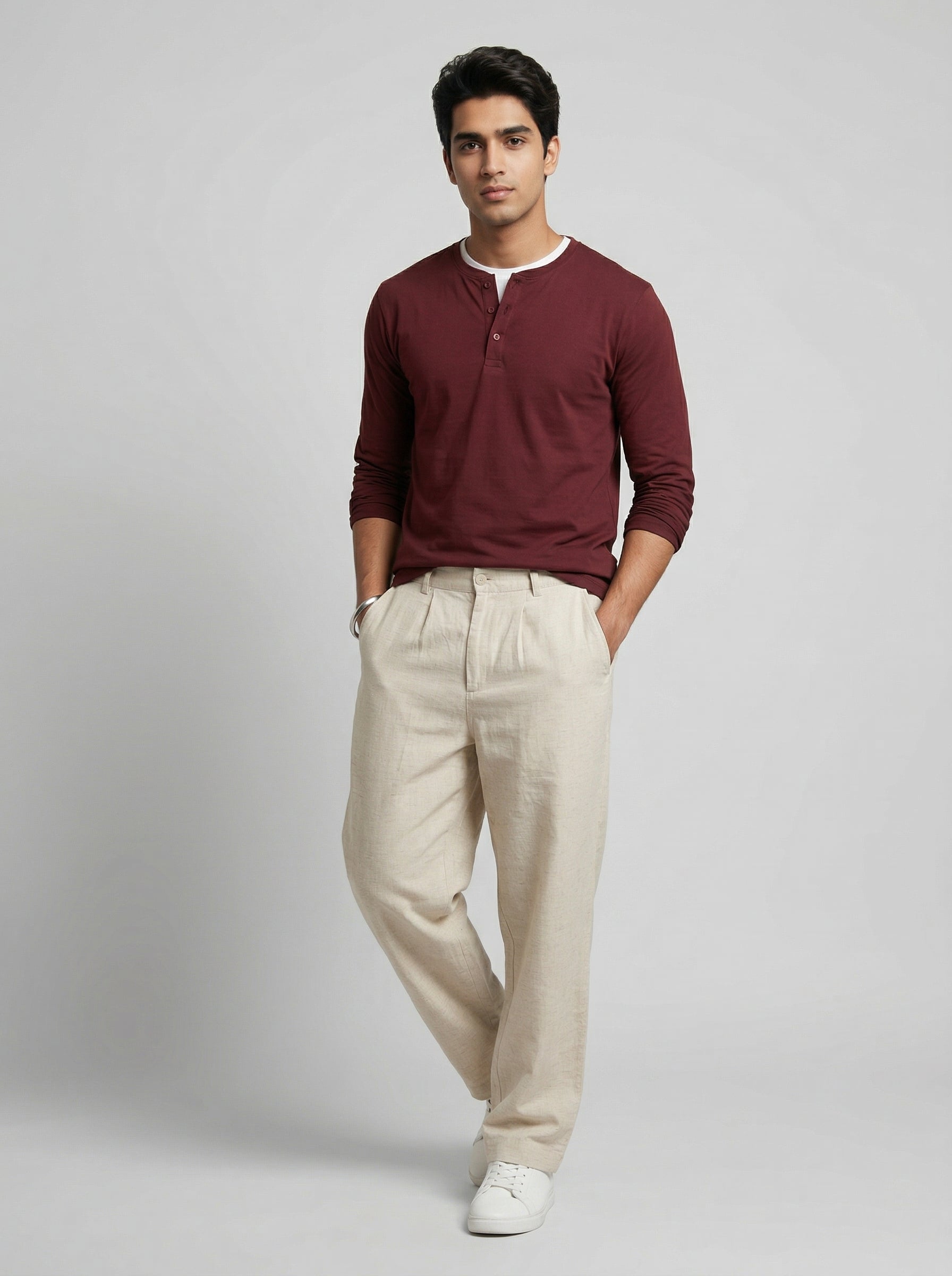 Cream Lightweight Linen-Look Relaxed Fit Trousers For Men