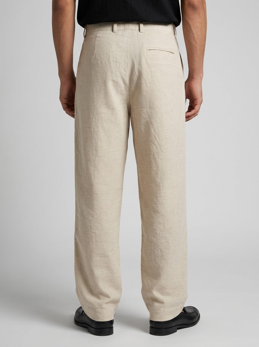Cream Lightweight Linen-Look Relaxed Fit Trousers For Men