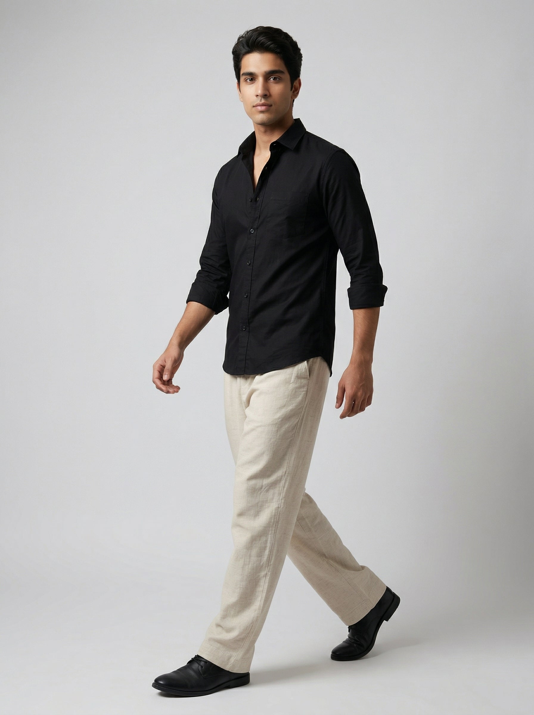 Cream Lightweight Linen-Look Relaxed Fit Trousers For Men