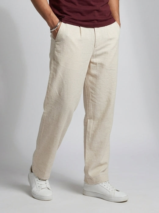 Cream Lightweight Linen-Look Relaxed Fit Trousers For Men