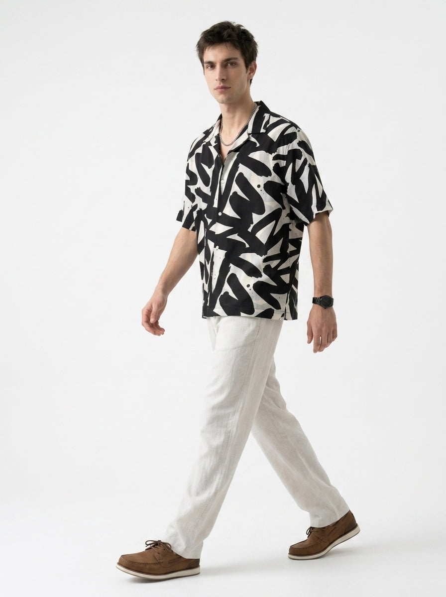Black Abstract Print Cotton Cuban Collar Oversized Men's Shirt