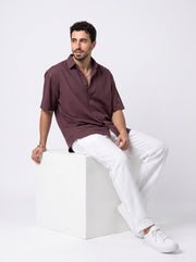 Maroon Solid Band Collar Casual Cotton Men's Shirt