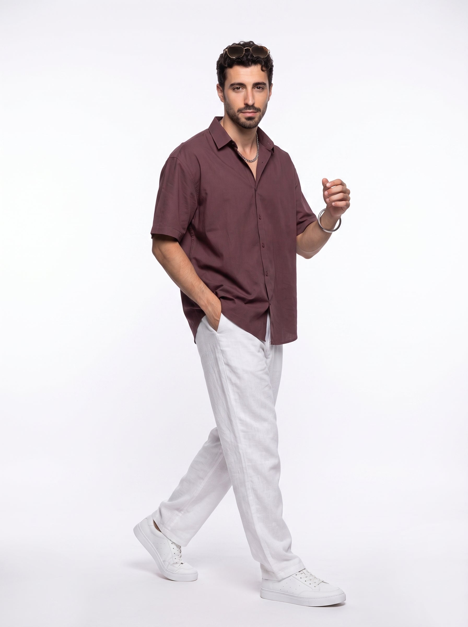 Maroon Solid Band Collar Casual Cotton Men's Shirt