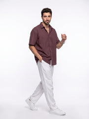 Maroon Solid Band Collar Casual Cotton Men's Shirt