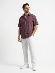 Maroon Solid Band Collar Casual Cotton Men's Shirt