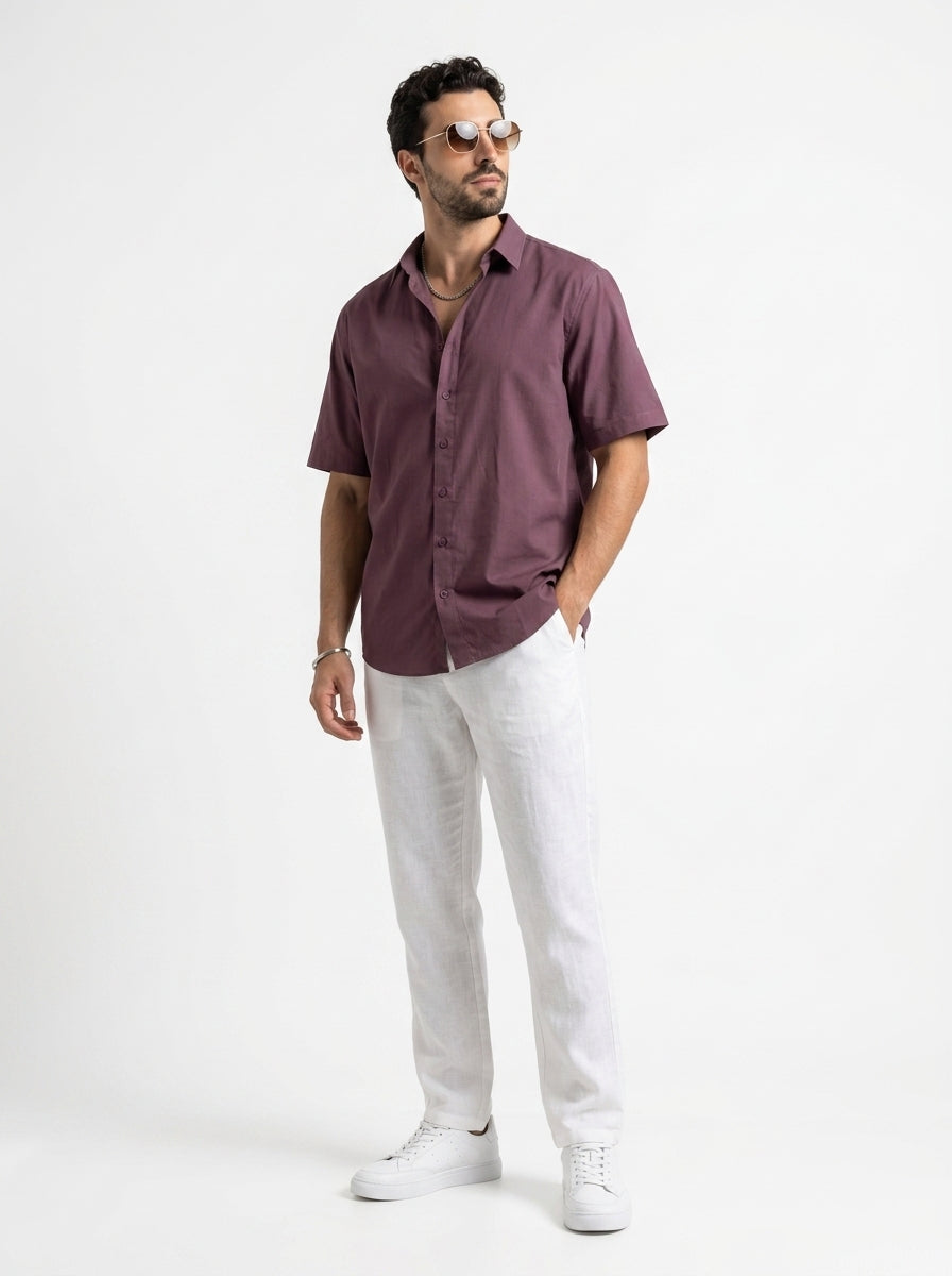 Maroon Solid Band Collar Casual Cotton Men's Shirt