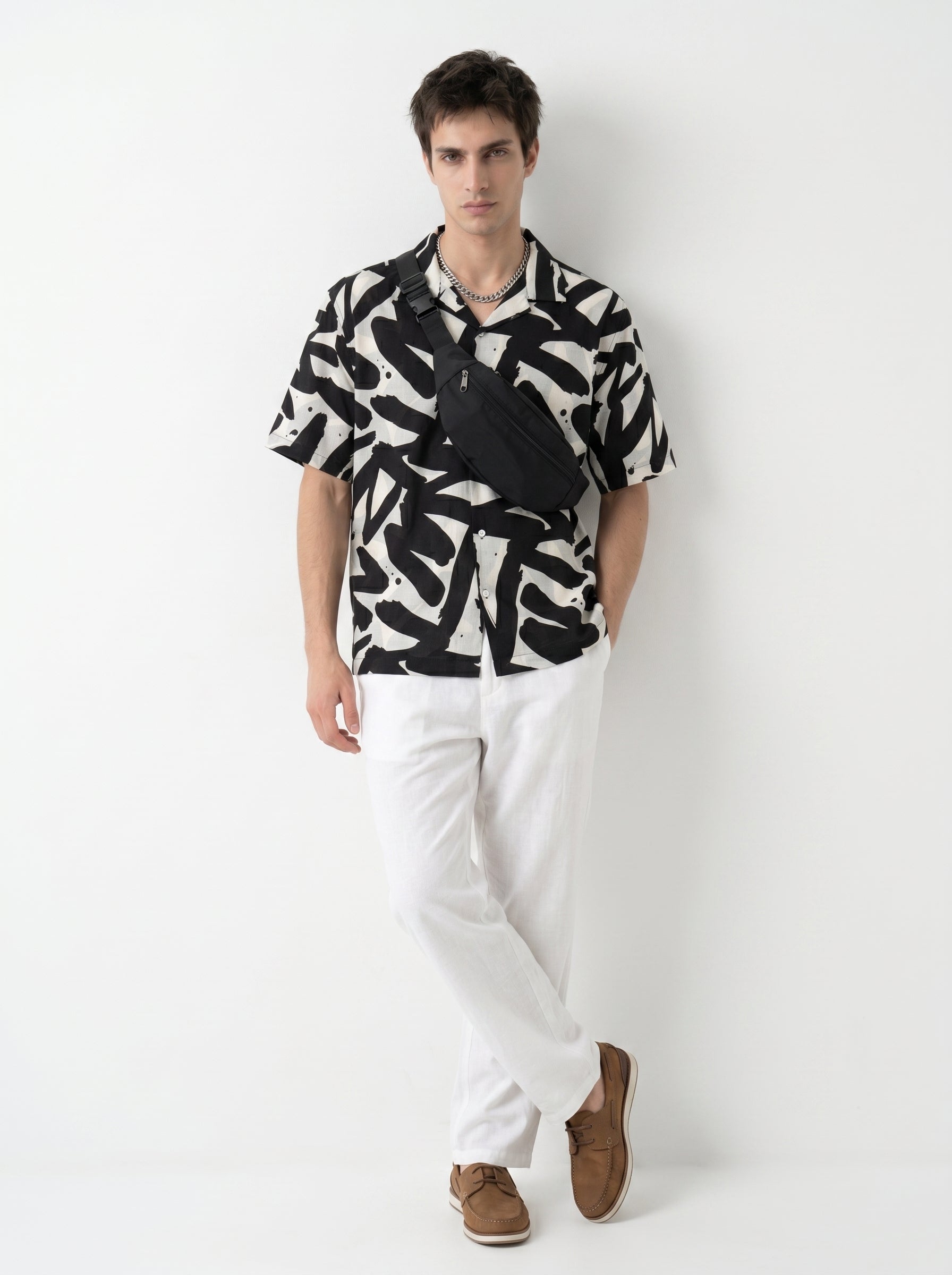 Black Abstract Print Cotton Cuban Collar Oversized Men's Shirt