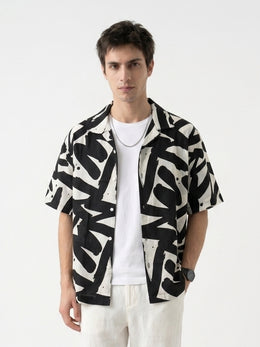 Black Abstract Print Cotton Cuban Collar Oversized Men's Shirt