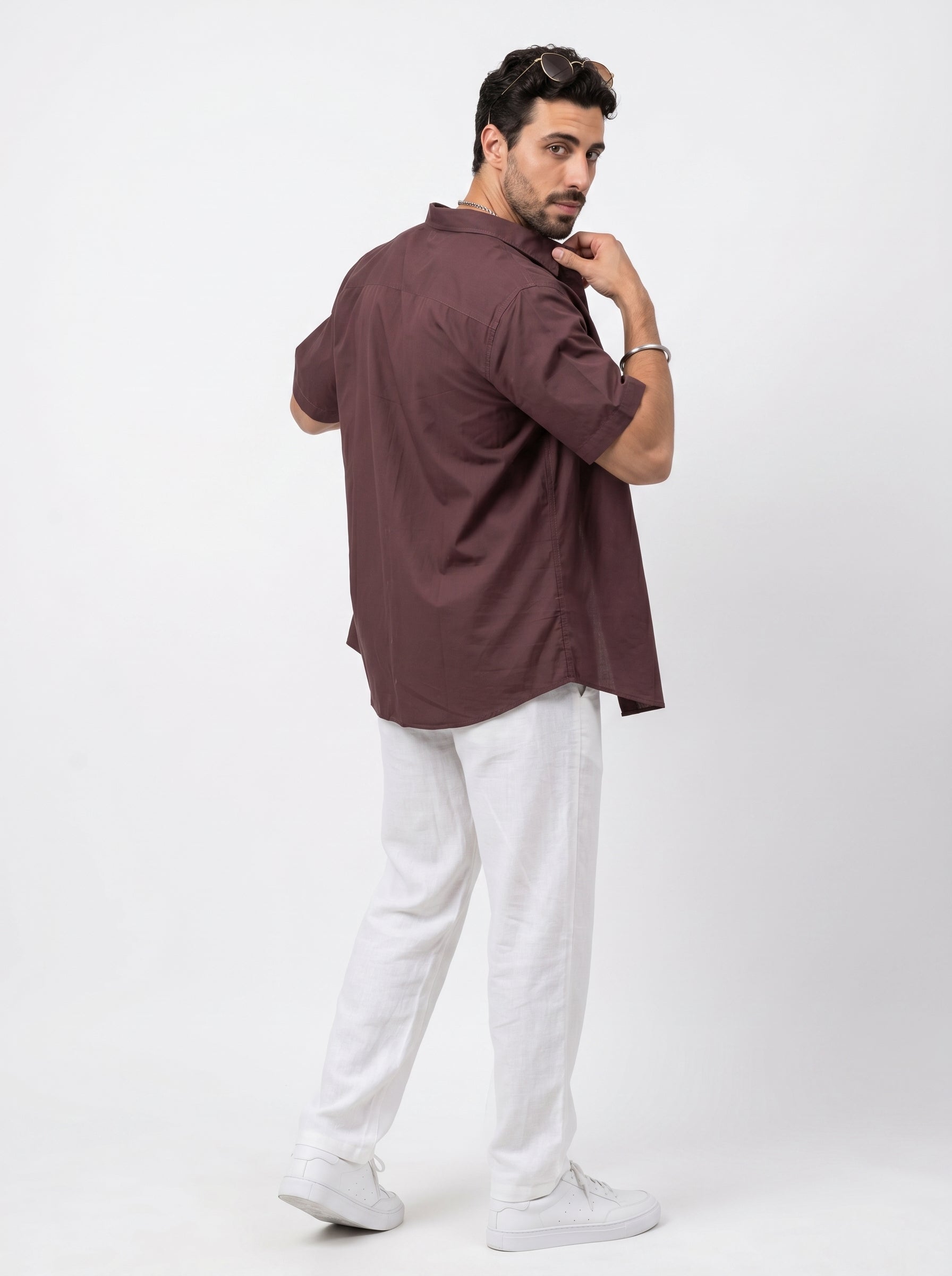 Maroon Solid Band Collar Casual Cotton Men's Shirt