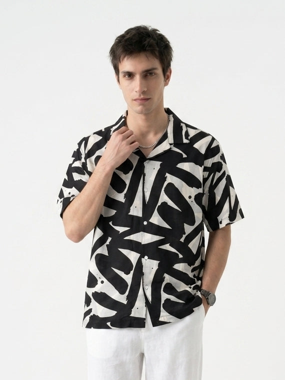 Black Abstract Print Cotton Cuban Collar Oversized Men's Shirt