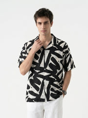Black Abstract Print Cotton Cuban Collar Oversized Men's Shirt