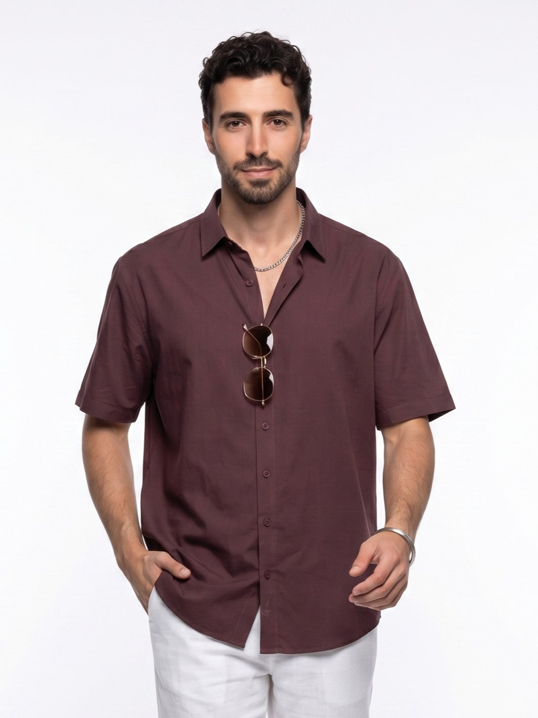 Maroon Solid Band Collar Casual Cotton Men's Shirt