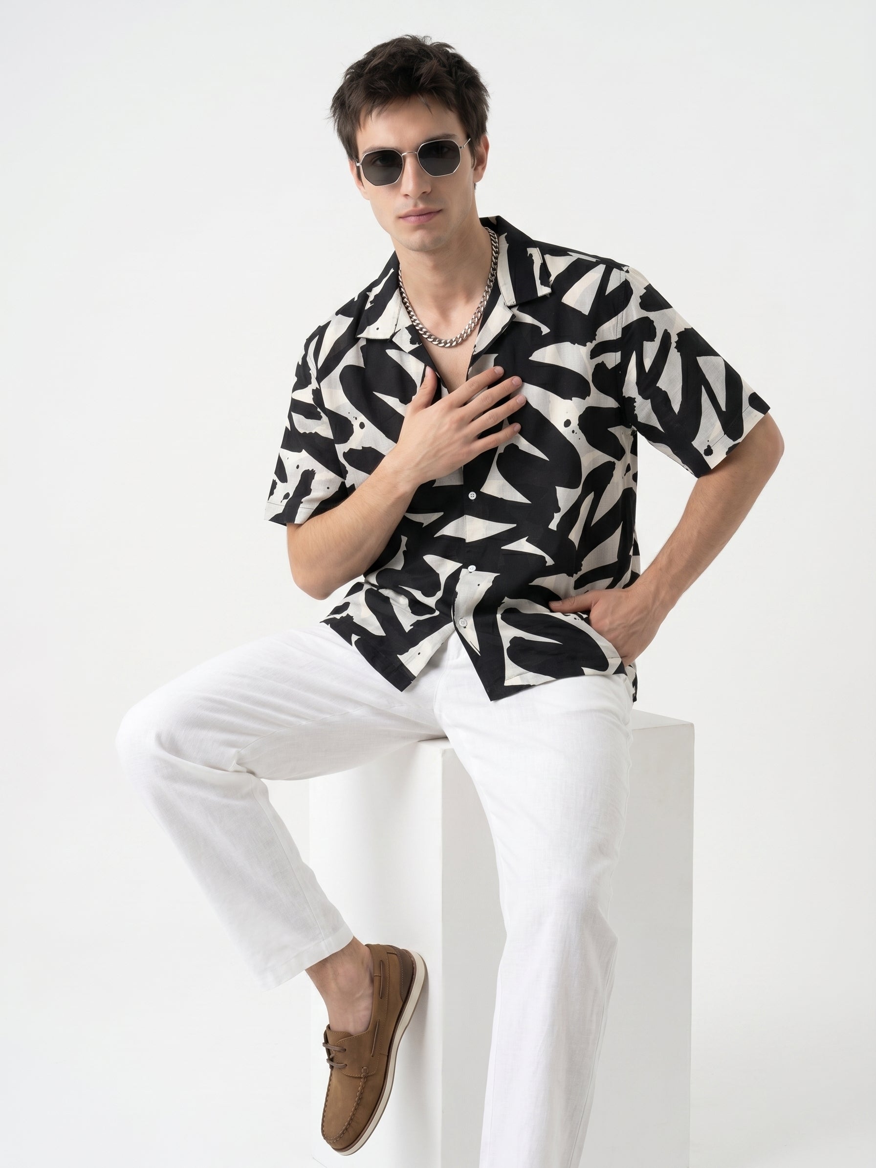 Black Abstract Print Cotton Cuban Collar Oversized Men's Shirt