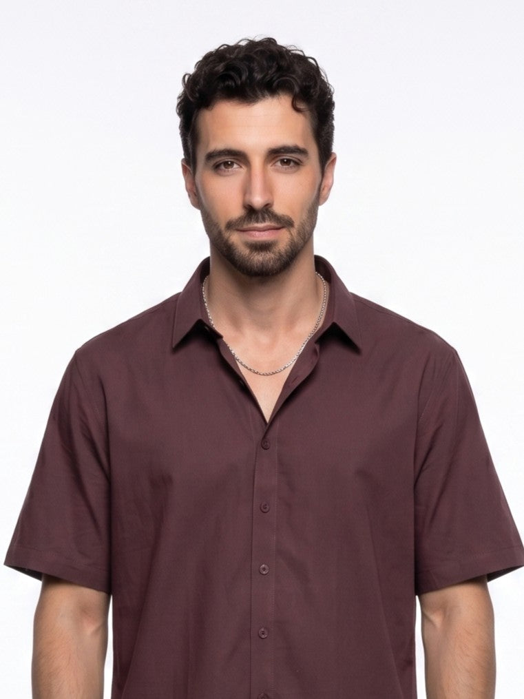 Maroon Solid Band Collar Casual Cotton Men's Shirt