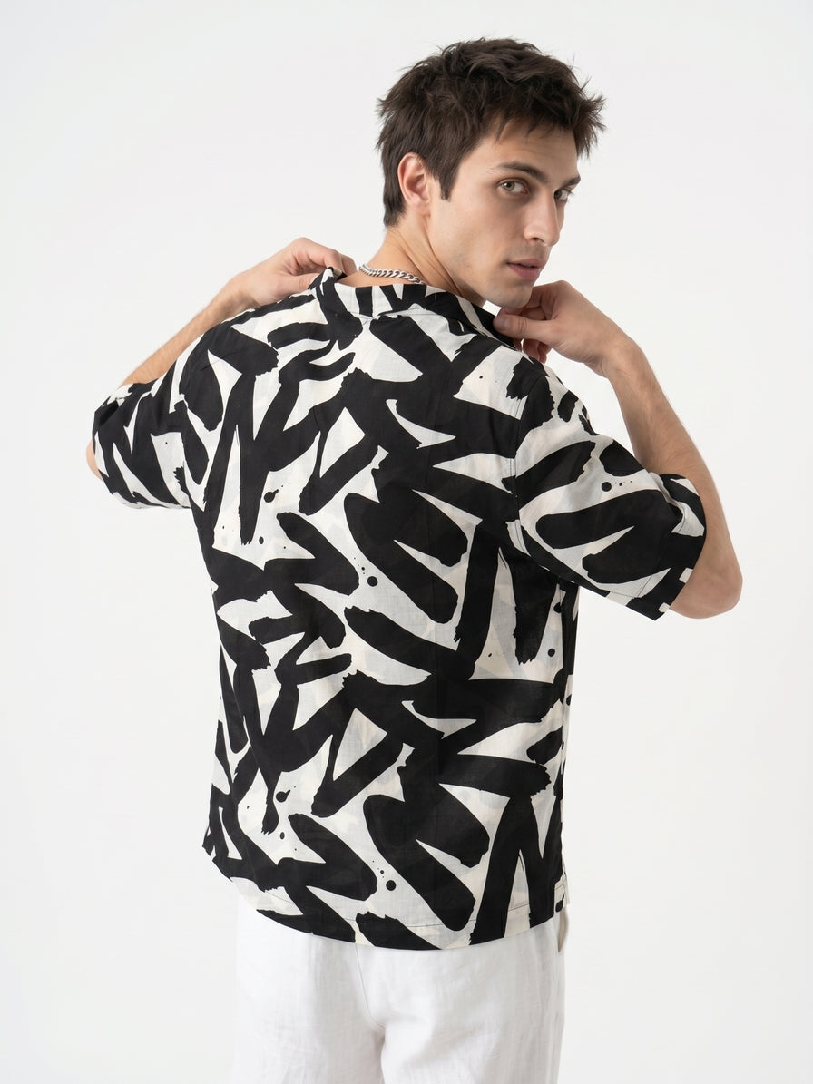 Black Abstract Print Cotton Cuban Collar Oversized Men's Shirt