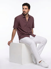 Maroon Solid Band Collar Casual Cotton Men's Shirt