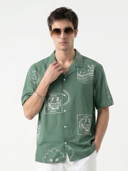 Sea Green Abstract Print Cotton Cuban Collar Oversized Men's Shirt