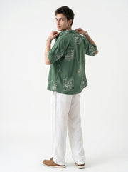 Sea Green Abstract Print Cotton Cuban Collar Oversized Men's Shirt