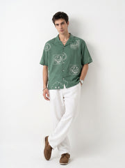 Sea Green Abstract Print Cotton Cuban Collar Oversized Men's Shirt