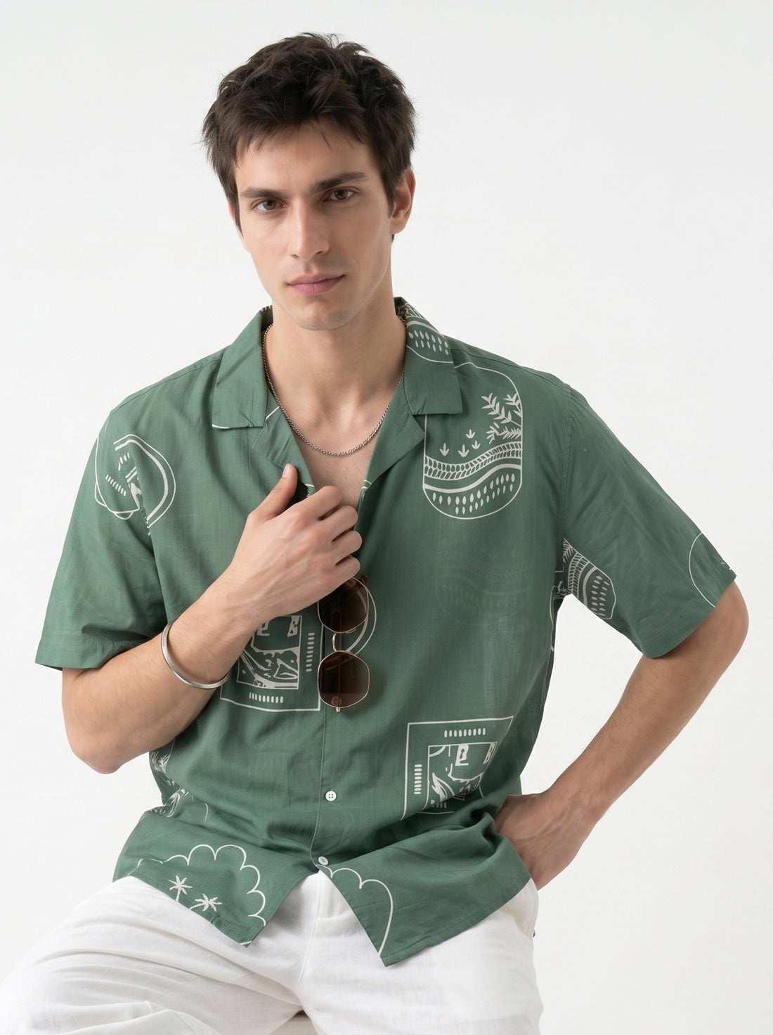 Sea Green Abstract Print Cotton Cuban Collar Oversized Men's Shirt