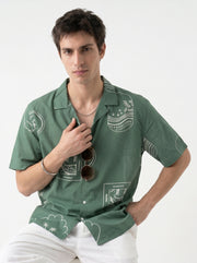 Sea Green Abstract Print Cotton Cuban Collar Oversized Men's Shirt
