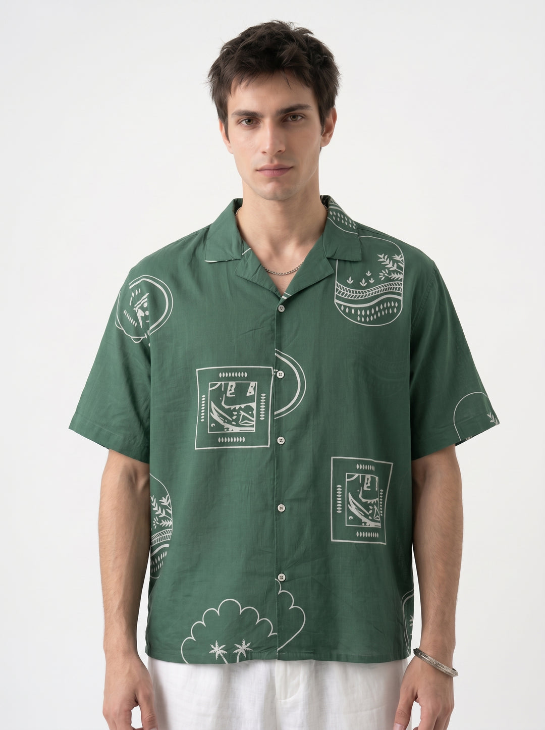 Sea Green Abstract Print Cotton Cuban Collar Oversized Men's Shirt