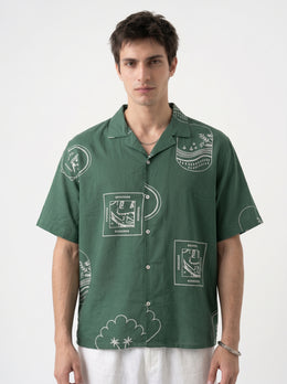 Sea Green Abstract Print Cotton Cuban Collar Oversized Men's Shirt