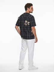 Black Band Collar Gingham Checks Casual Cotton Men's Shirt