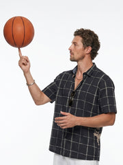 Black Band Collar Gingham Checks Casual Cotton Men's Shirt