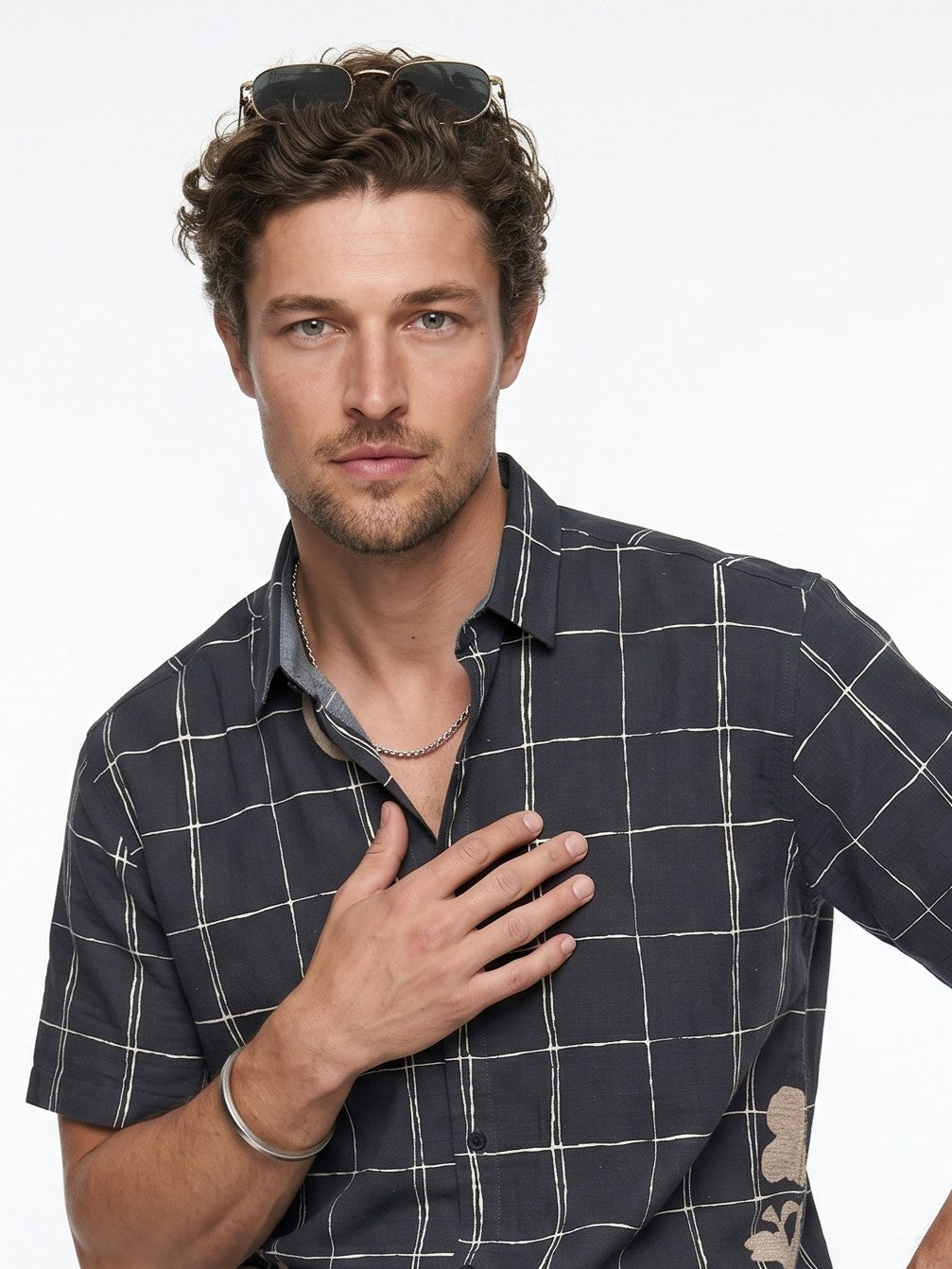 Black Band Collar Gingham Checks Casual Cotton Men's Shirt